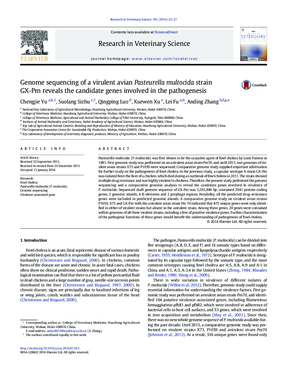 Genome sequencing of a virulent avian Pasteurella multocida strain GX-Pm reveals the candidate genes involved in the pathogenesis