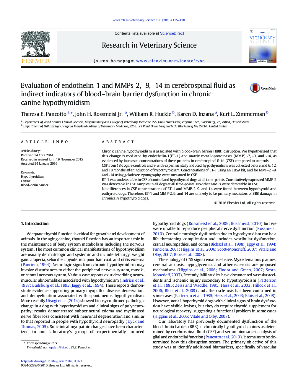 Evaluation of endothelin-1 and MMPs-2, -9, -14 in cerebrospinal fluid as indirect indicators of blood-brain barrier dysfunction in chronic canine hypothyroidism