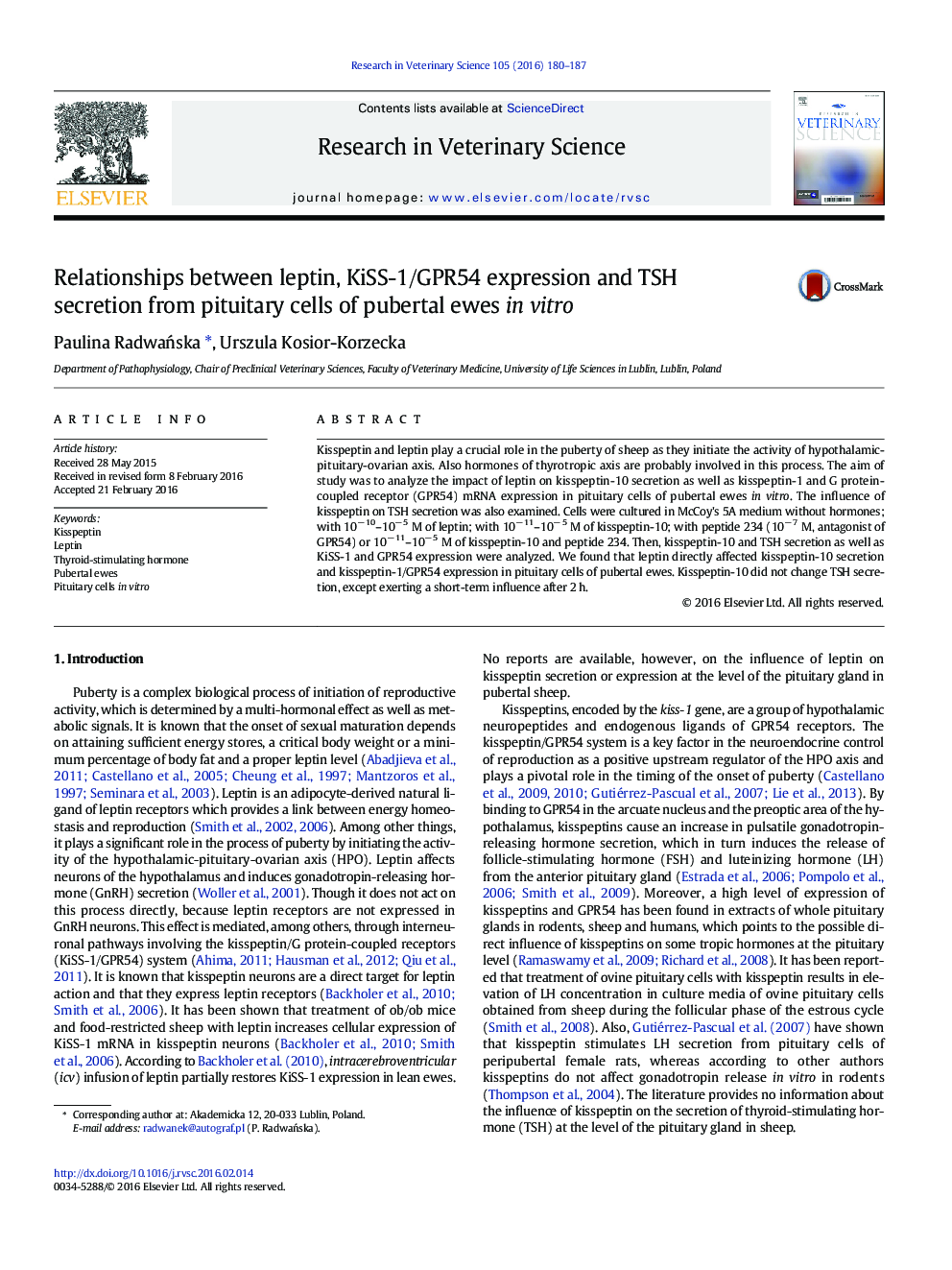 Relationships between leptin, KiSS-1/GPR54 expression and TSH secretion from pituitary cells of pubertal ewes in vitro