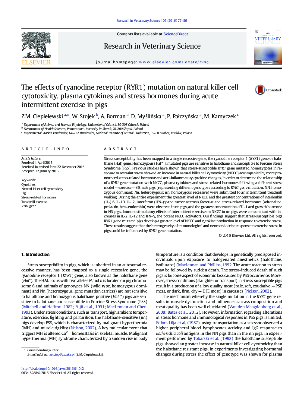 The effects of ryanodine receptor (RYR1) mutation on natural killer cell cytotoxicity, plasma cytokines and stress hormones during acute intermittent exercise in pigs