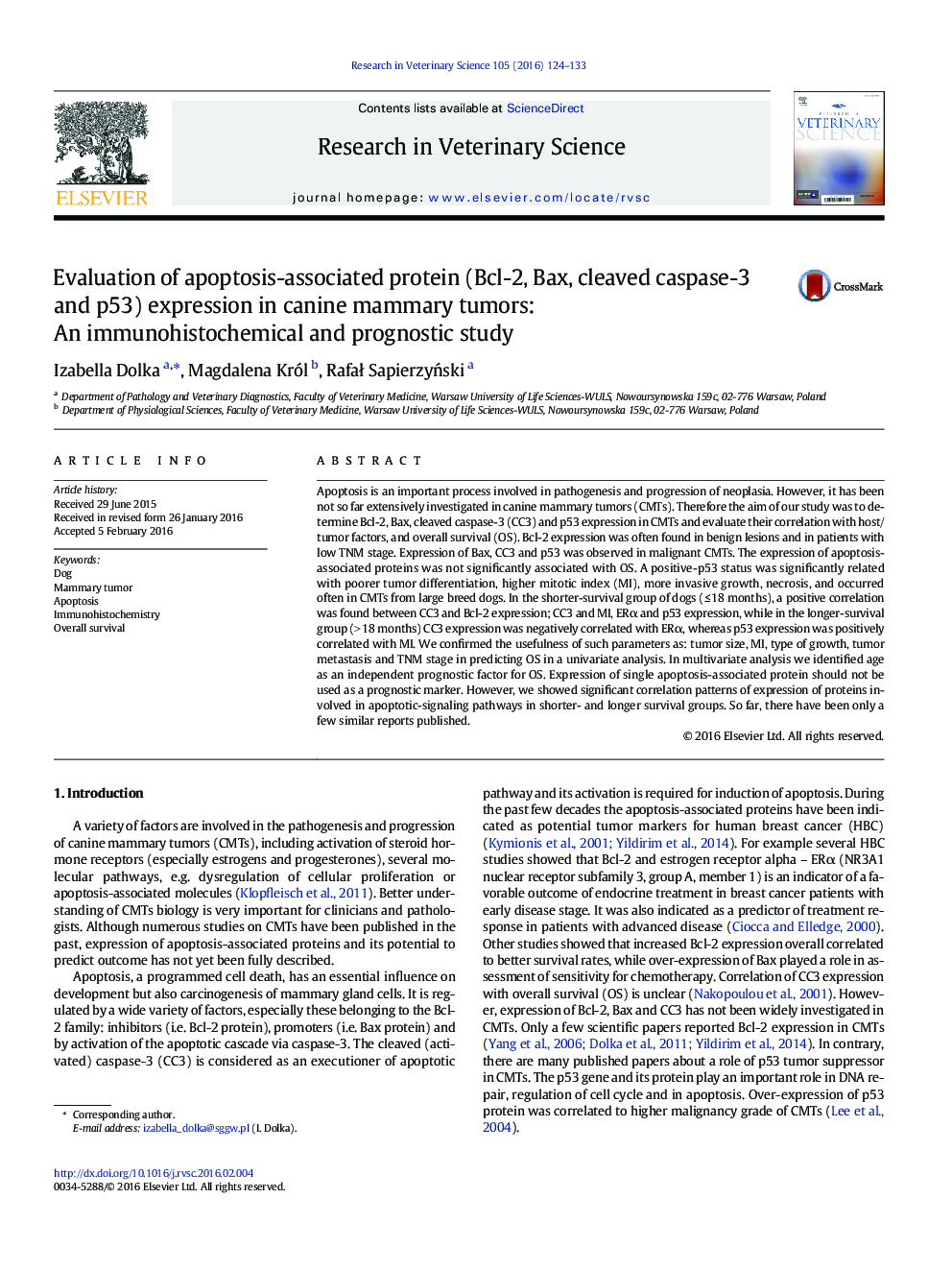 Evaluation of apoptosis-associated protein (Bcl-2, Bax, cleaved caspase-3 and p53) expression in canine mammary tumors: An immunohistochemical and prognostic study