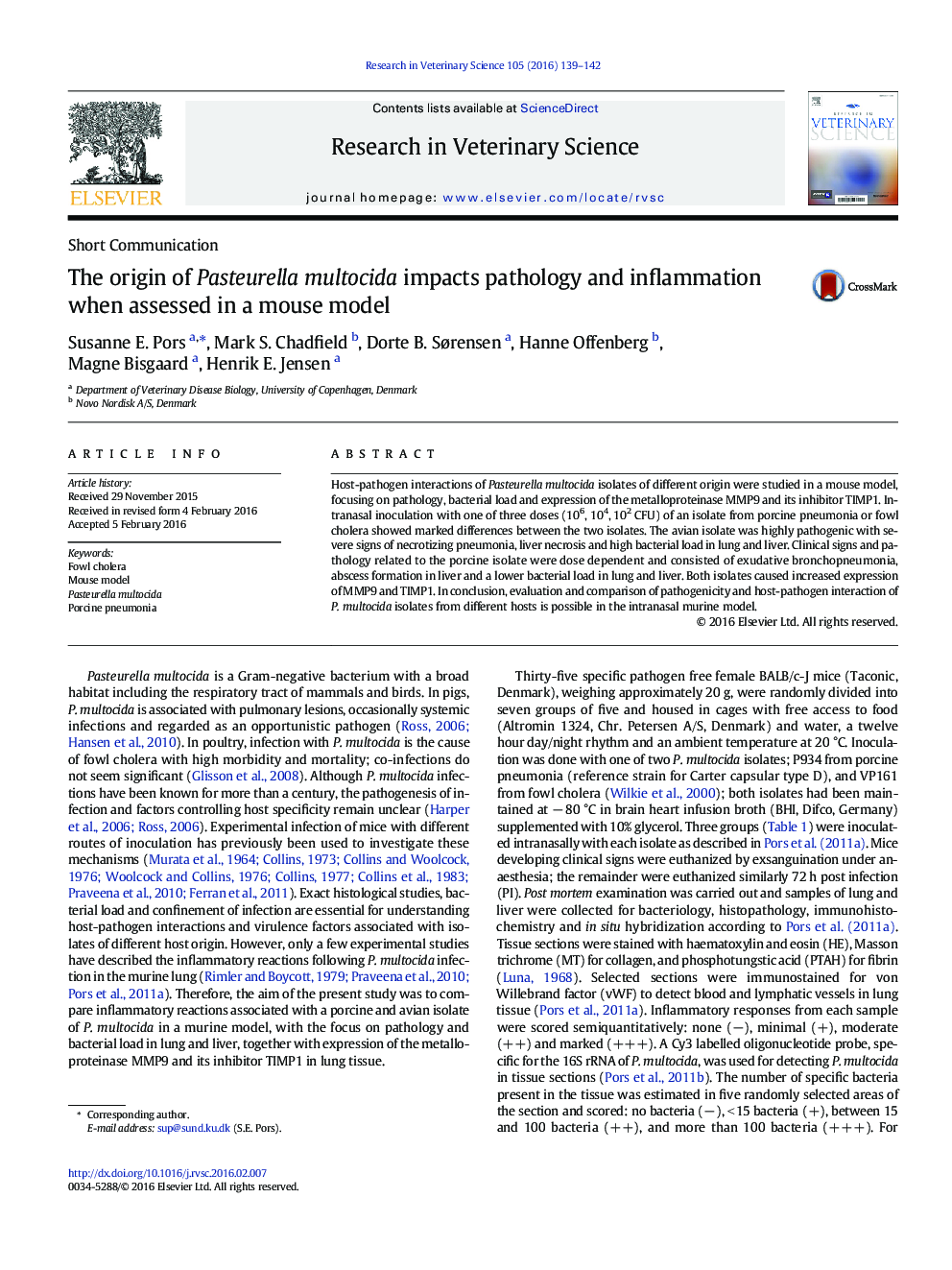 The origin of Pasteurella multocida impacts pathology and inflammation when assessed in a mouse model