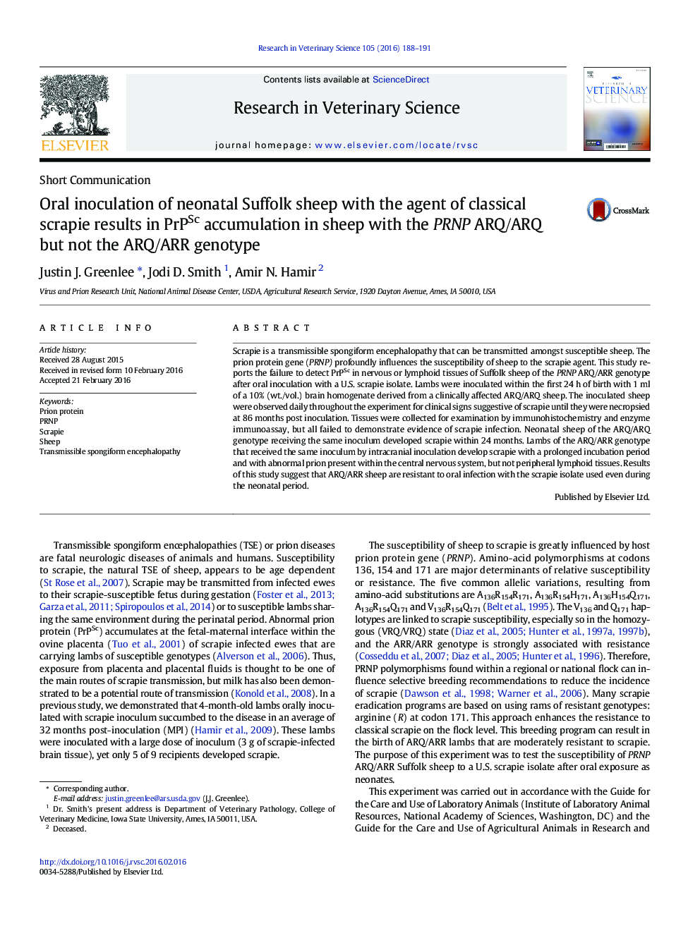 Oral inoculation of neonatal Suffolk sheep with the agent of classical scrapie results in PrPSc accumulation in sheep with the PRNP ARQ/ARQ but not the ARQ/ARR genotype