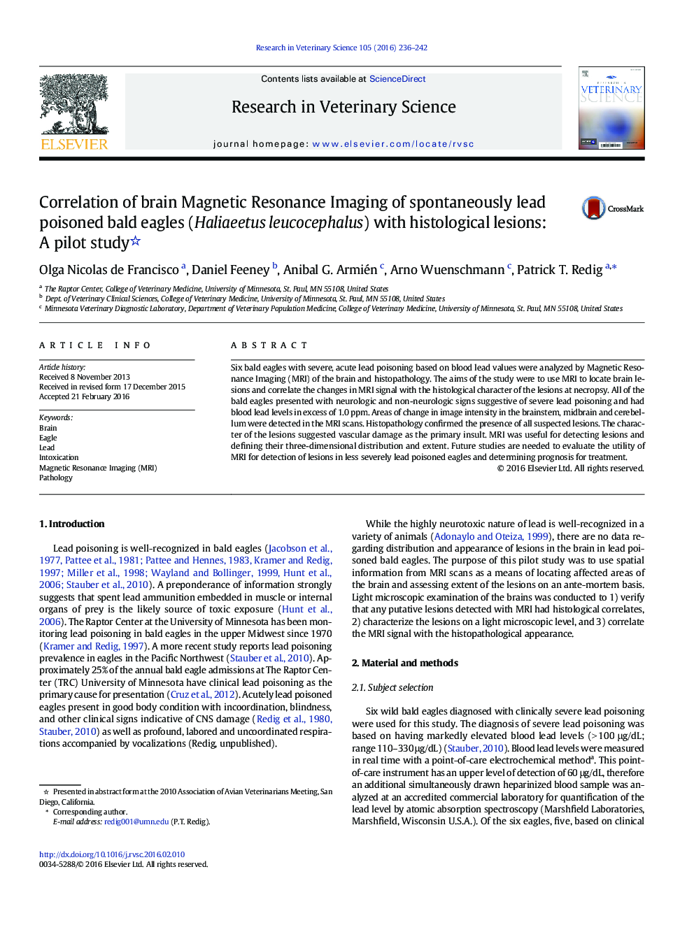 Correlation of brain Magnetic Resonance Imaging of spontaneously lead poisoned bald eagles (Haliaeetus leucocephalus) with histological lesions: A pilot study