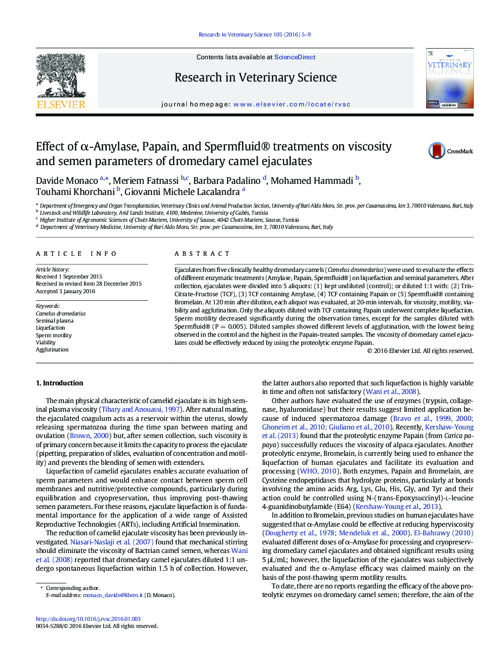 Effect of Î±-Amylase, Papain, and Spermfluid® treatments on viscosity and semen parameters of dromedary camel ejaculates