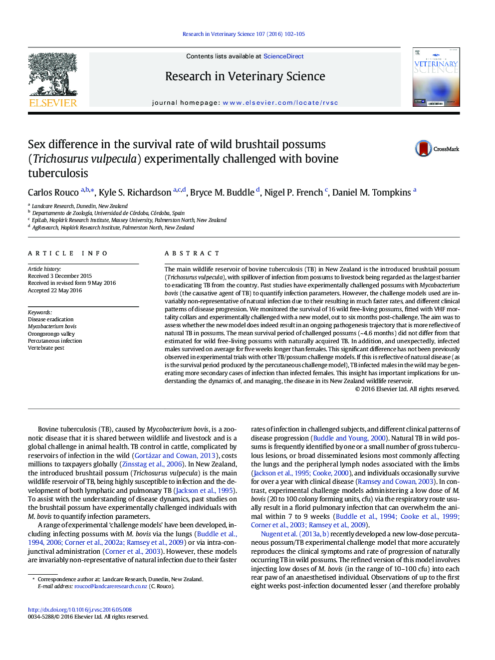 Sex difference in the survival rate of wild brushtail possums (Trichosurus vulpecula) experimentally challenged with bovine tuberculosis