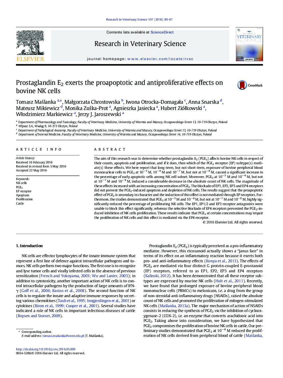 Prostaglandin E2 exerts the proapoptotic and antiproliferative effects on bovine NK cells