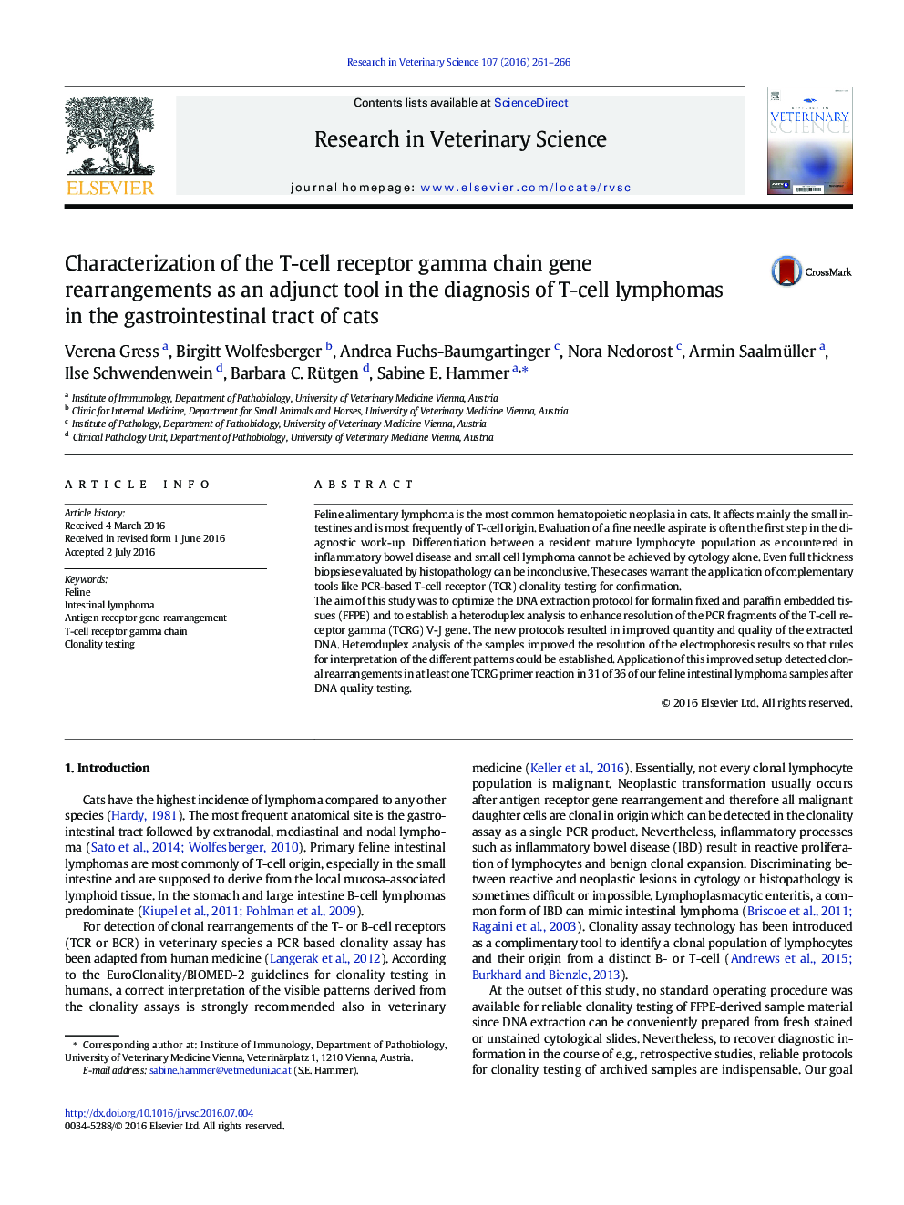 Characterization of the T-cell receptor gamma chain gene rearrangements as an adjunct tool in the diagnosis of T-cell lymphomas in the gastrointestinal tract of cats