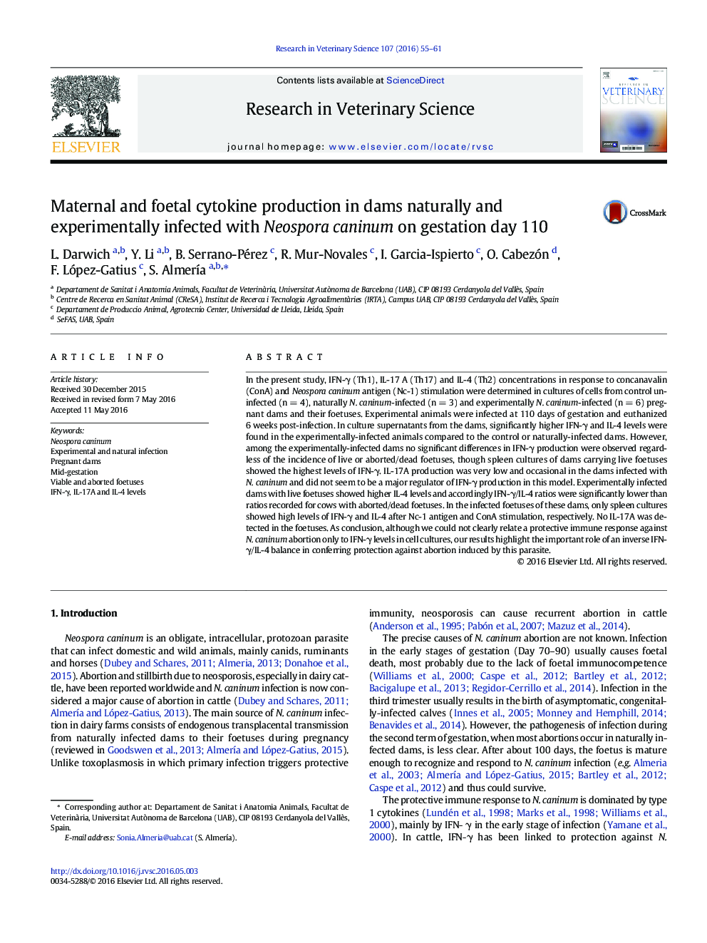 Maternal and foetal cytokine production in dams naturally and experimentally infected with Neospora caninum on gestation day 110