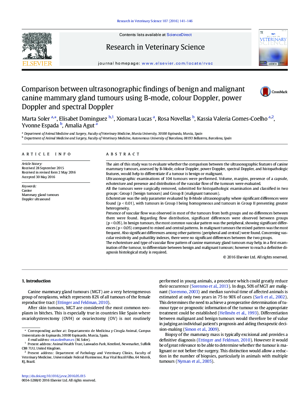 Comparison between ultrasonographic findings of benign and malignant canine mammary gland tumours using B-mode, colour Doppler, power Doppler and spectral Doppler