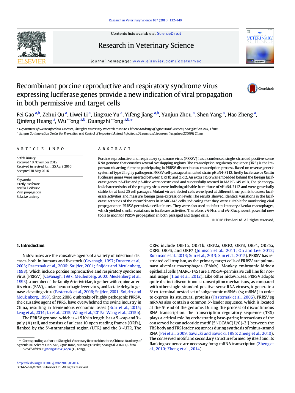 Recombinant porcine reproductive and respiratory syndrome virus expressing luciferase genes provide a new indication of viral propagation in both permissive and target cells