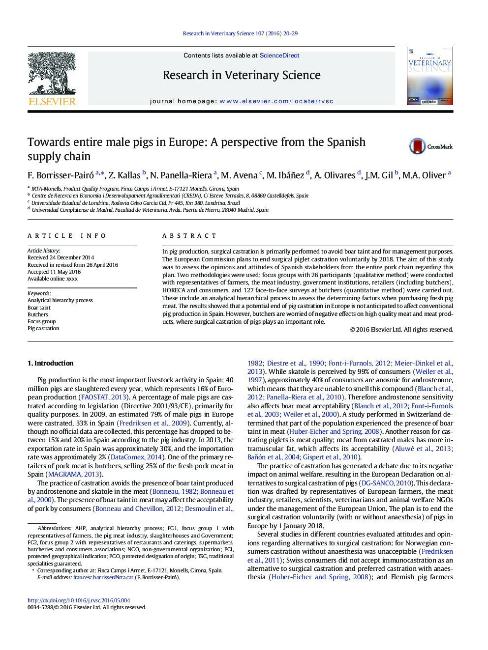 Towards entire male pigs in Europe: A perspective from the Spanish supply chain