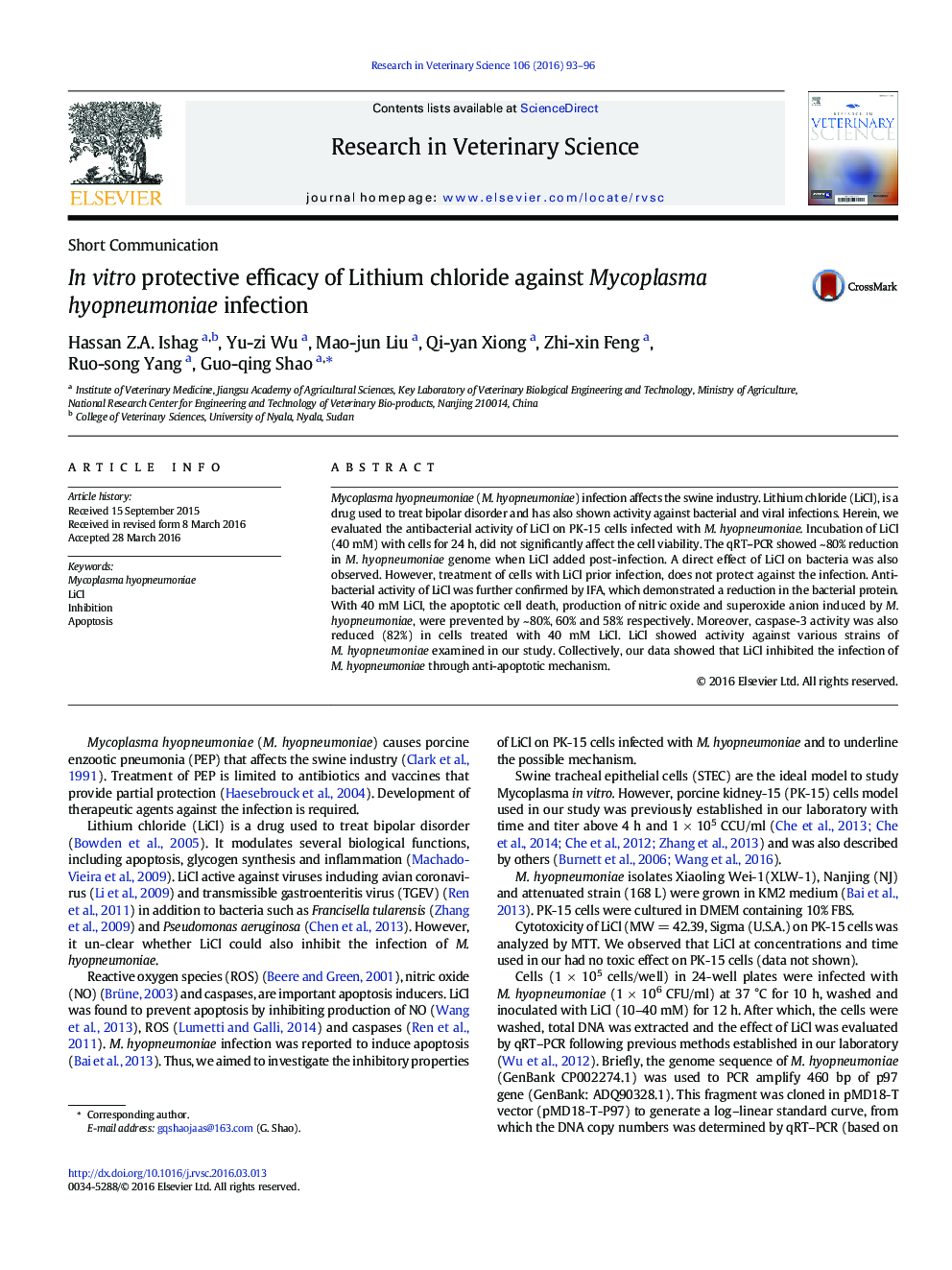 In vitro protective efficacy of Lithium chloride against Mycoplasma hyopneumoniae infection