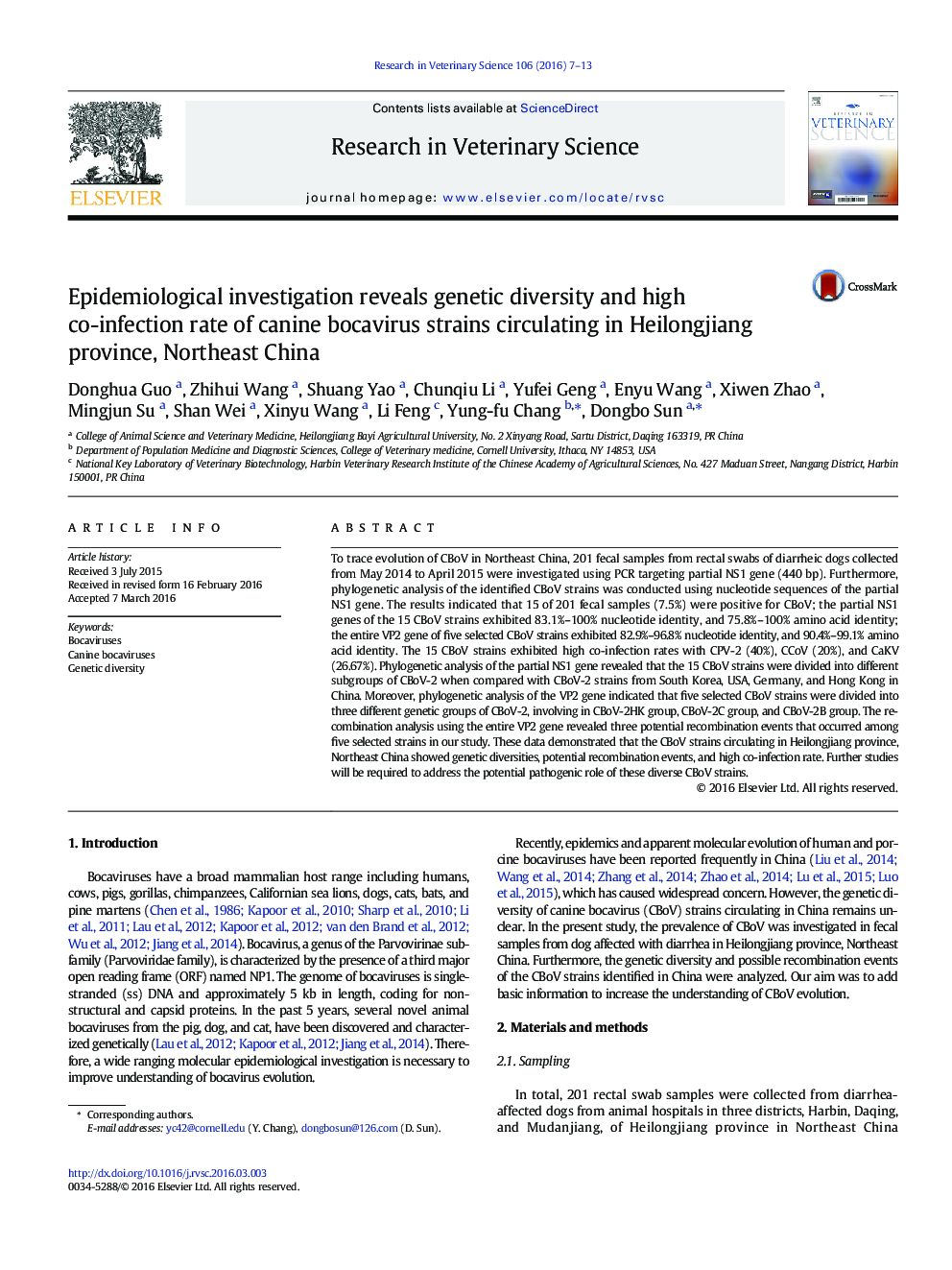 Epidemiological investigation reveals genetic diversity and high co-infection rate of canine bocavirus strains circulating in Heilongjiang province, Northeast China