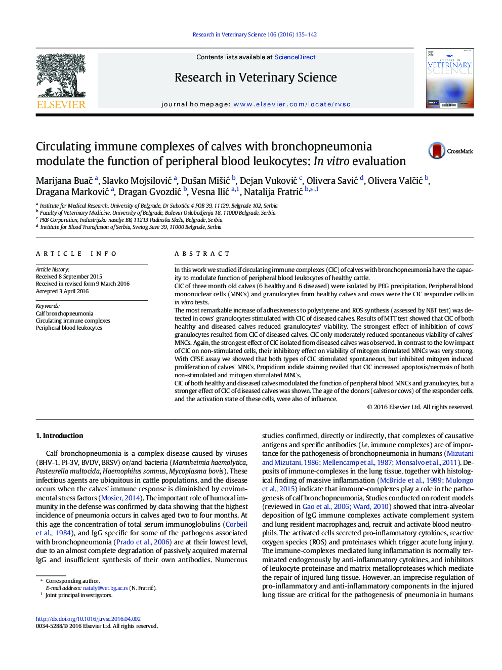 Circulating immune complexes of calves with bronchopneumonia modulate the function of peripheral blood leukocytes: In vitro evaluation