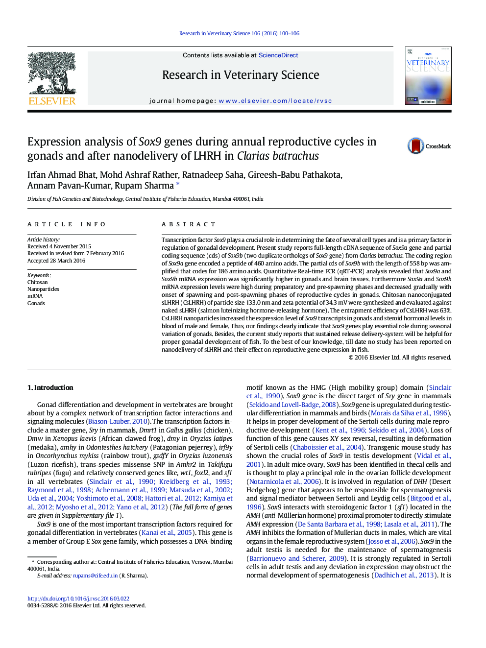 Expression analysis of Sox9 genes during annual reproductive cycles in gonads and after nanodelivery of LHRH in Clarias batrachus