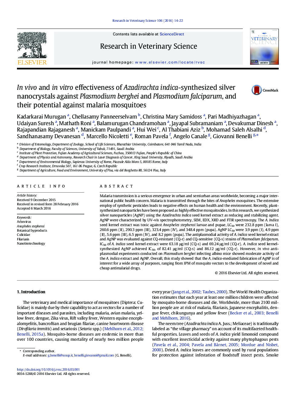 In vivo and in vitro effectiveness of Azadirachta indica-synthesized silver nanocrystals against Plasmodium berghei and Plasmodium falciparum, and their potential against malaria mosquitoes