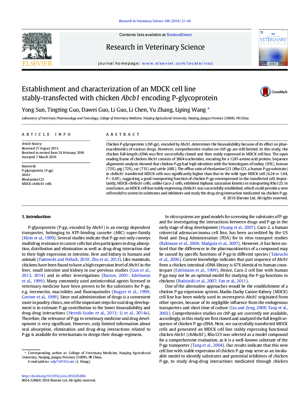 Establishment and characterization of an MDCK cell line stably-transfected with chicken Abcb1 encoding P-glycoprotein