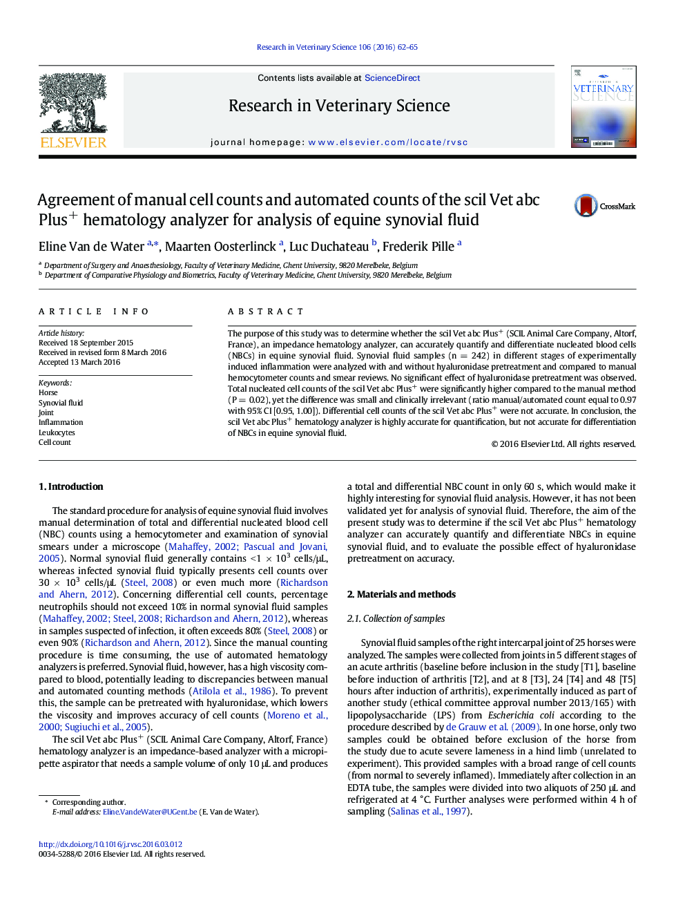 Agreement of manual cell counts and automated counts of the scil Vet abc Plus+ hematology analyzer for analysis of equine synovial fluid