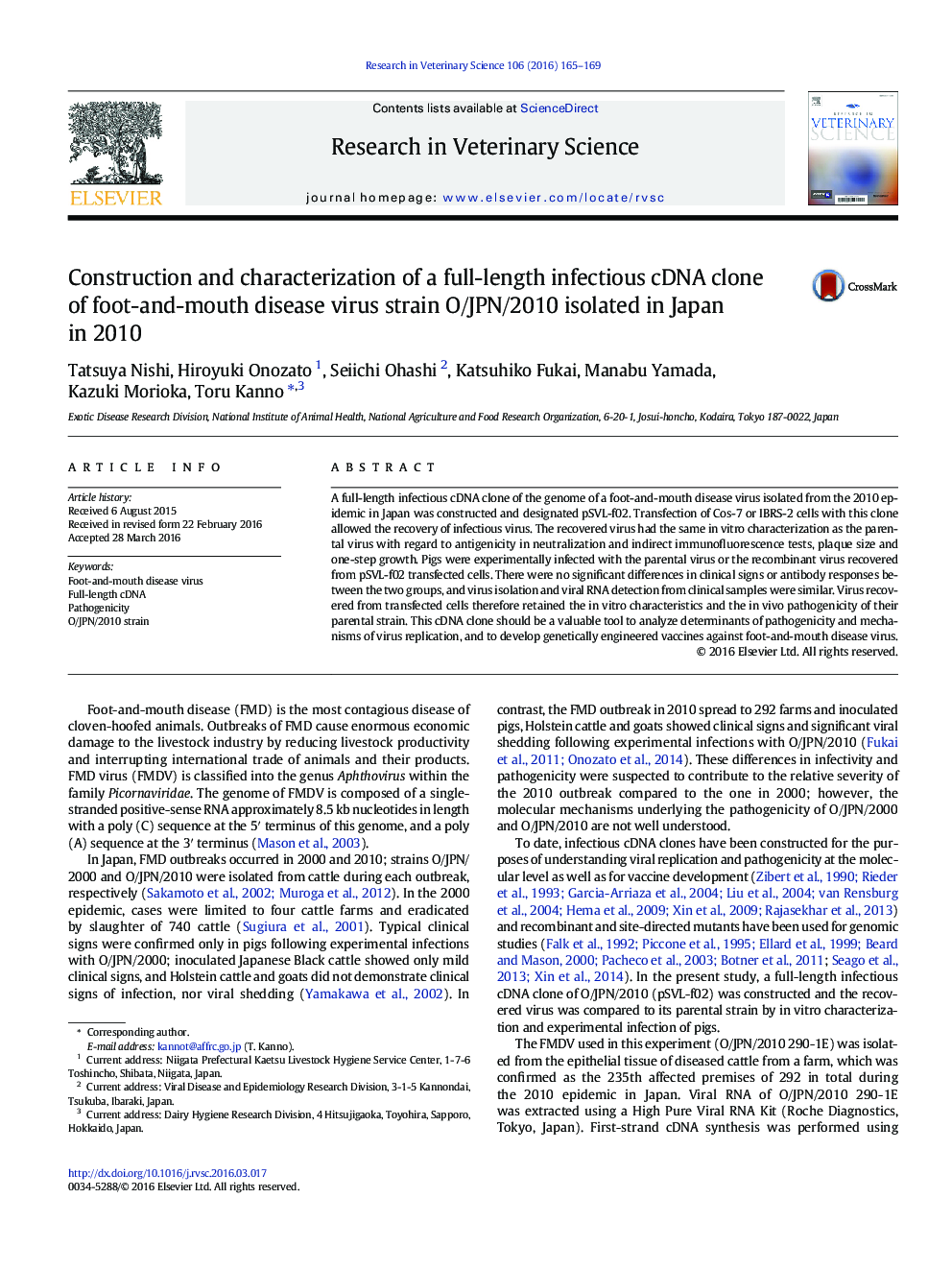 Construction and characterization of a full-length infectious cDNA clone of foot-and-mouth disease virus strain O/JPN/2010 isolated in Japan in 2010