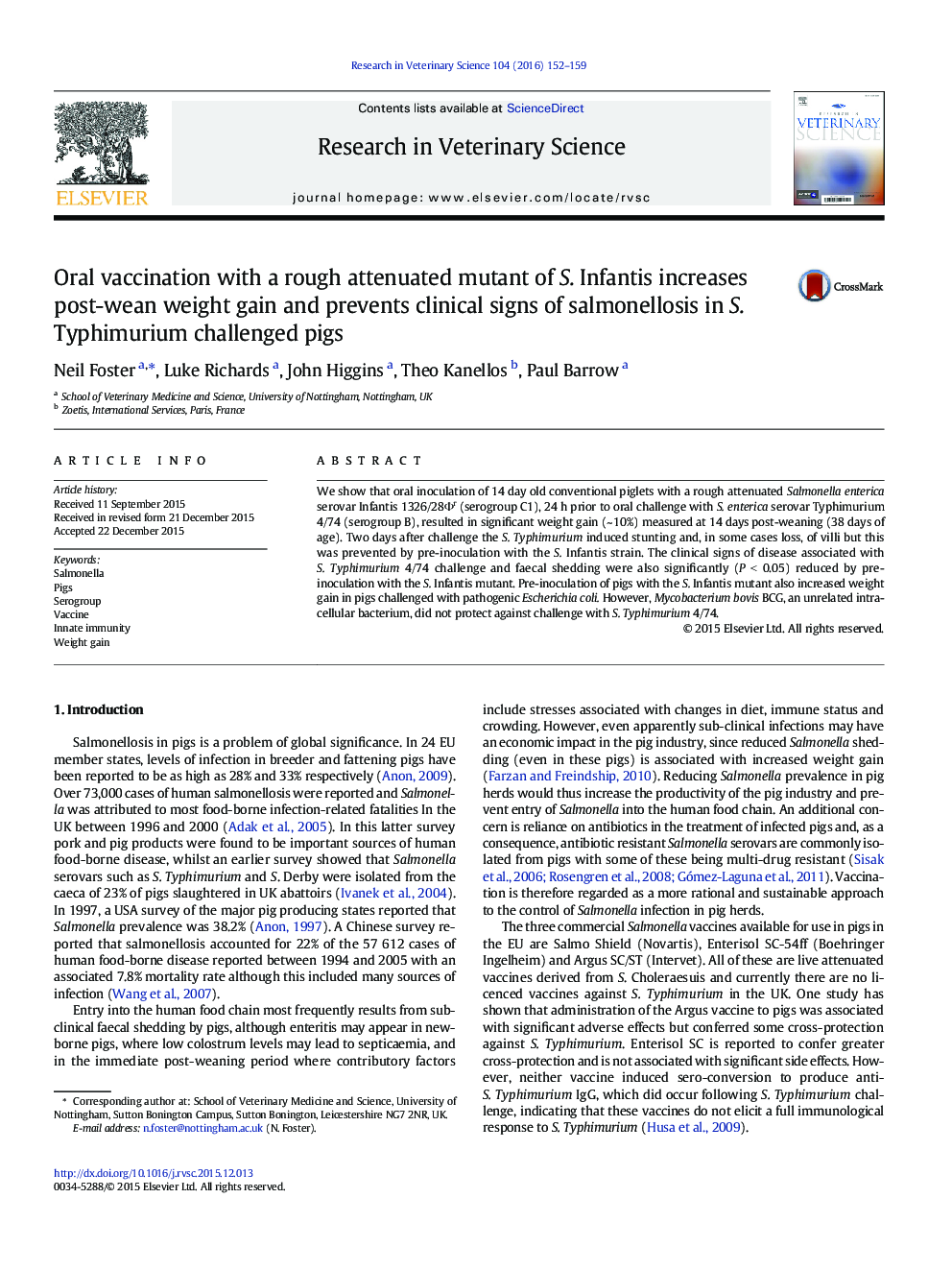 Oral vaccination with a rough attenuated mutant of S. Infantis increases post-wean weight gain and prevents clinical signs of salmonellosis in S. Typhimurium challenged pigs