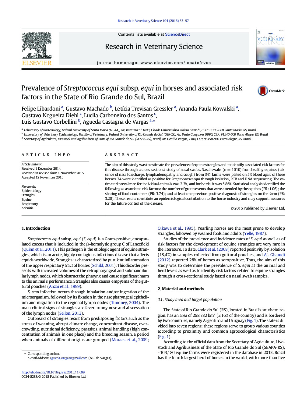 Prevalence of Streptococcus equi subsp. equi in horses and associated risk factors in the State of Rio Grande do Sul, Brazil