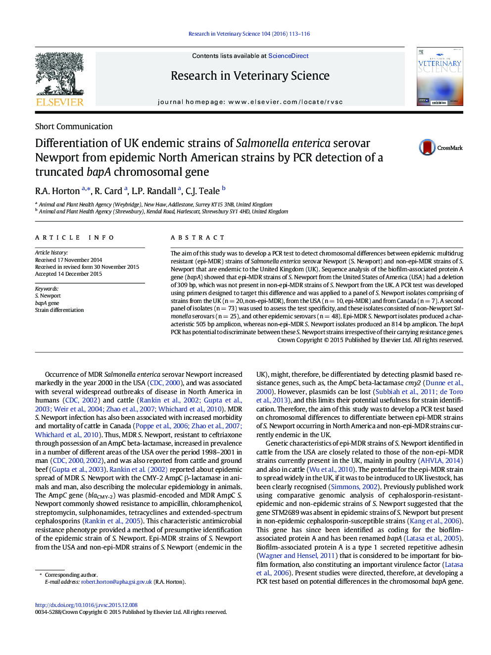 Differentiation of UK endemic strains of Salmonella enterica serovar Newport from epidemic North American strains by PCR detection of a truncated bapA chromosomal gene