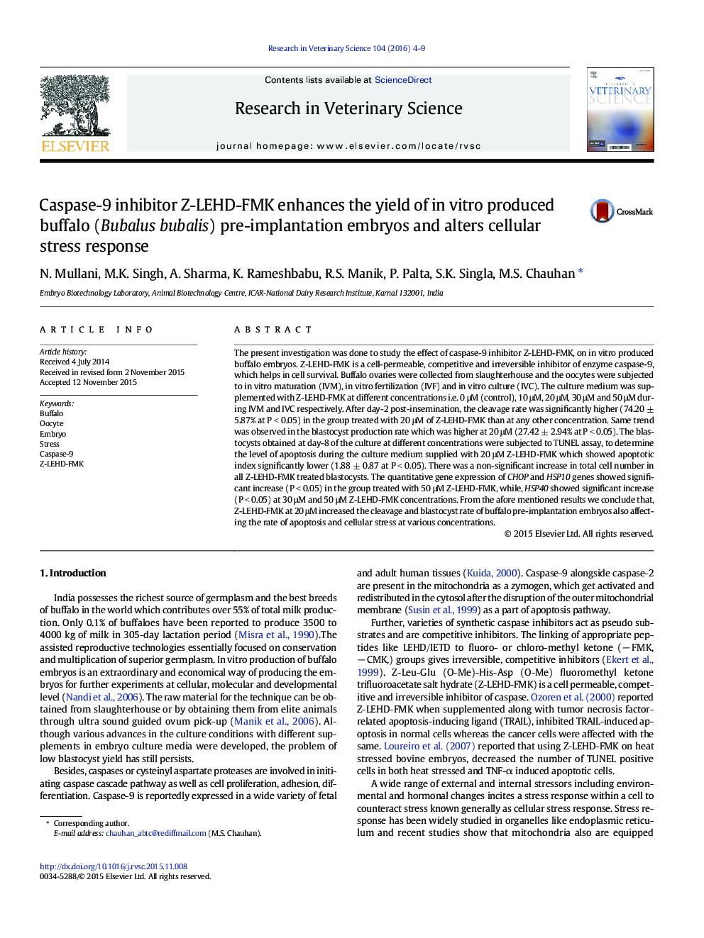 Caspase-9 inhibitor Z-LEHD-FMK enhances the yield of in vitro produced buffalo (Bubalus bubalis) pre-implantation embryos and alters cellular stress response