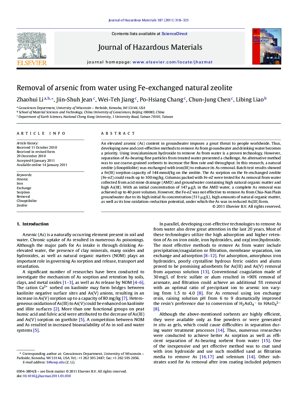 Removal of arsenic from water using Fe-exchanged natural zeolite