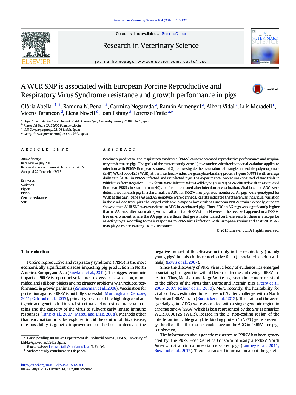 A WUR SNP is associated with European Porcine Reproductive and Respiratory Virus Syndrome resistance and growth performance in pigs