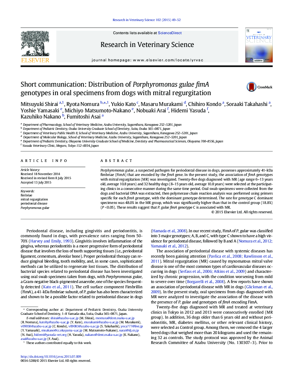 Short communication: Distribution of Porphyromonas gulae fimA genotypes in oral specimens from dogs with mitral regurgitation