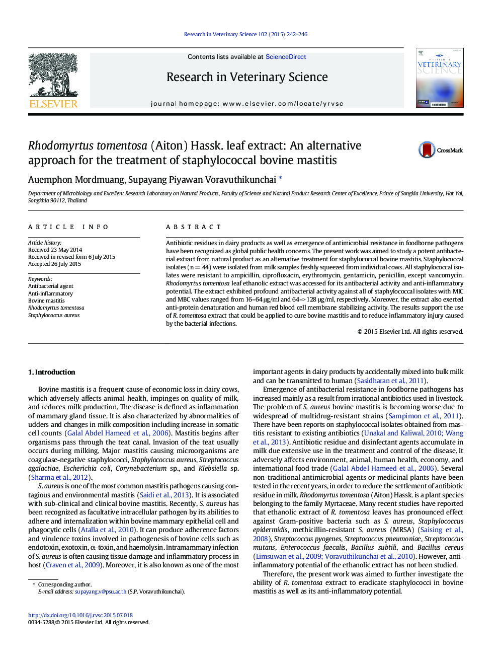 Rhodomyrtus tomentosa (Aiton) Hassk. leaf extract: An alternative approach for the treatment of staphylococcal bovine mastitis