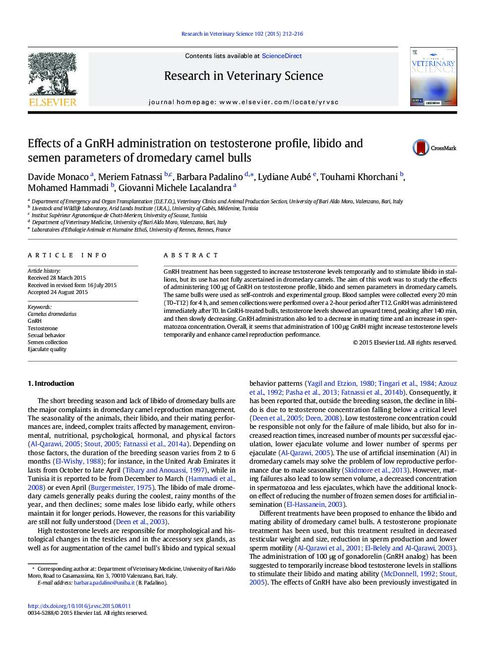 Effects of a GnRH administration on testosterone profile, libido and semen parameters of dromedary camel bulls