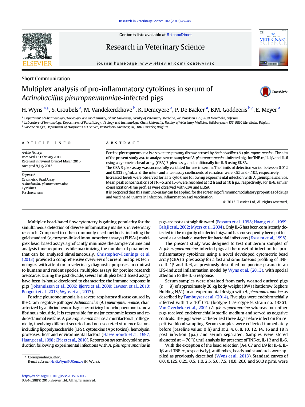 Multiplex analysis of pro-inflammatory cytokines in serum of Actinobacillus pleuropneumoniae-infected pigs