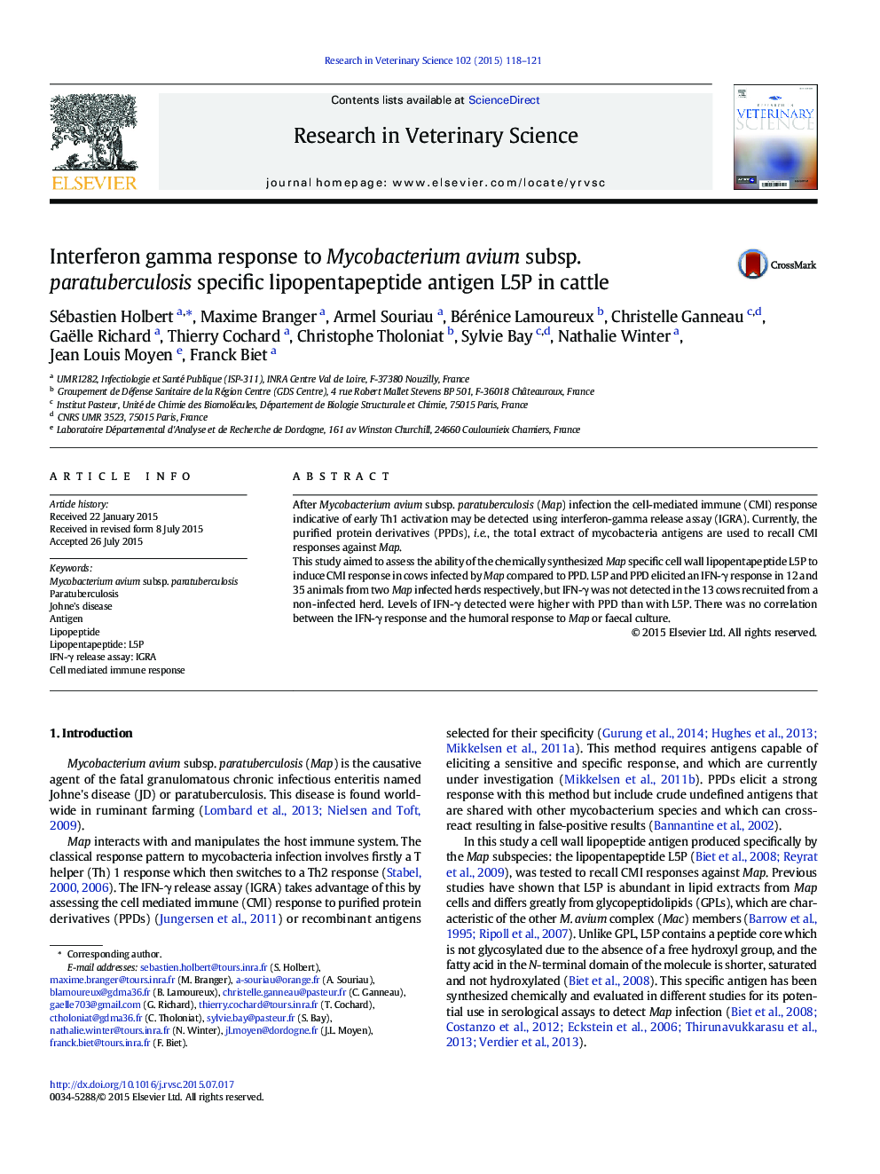 Interferon gamma response to Mycobacterium avium subsp. paratuberculosis specific lipopentapeptide antigen L5P in cattle