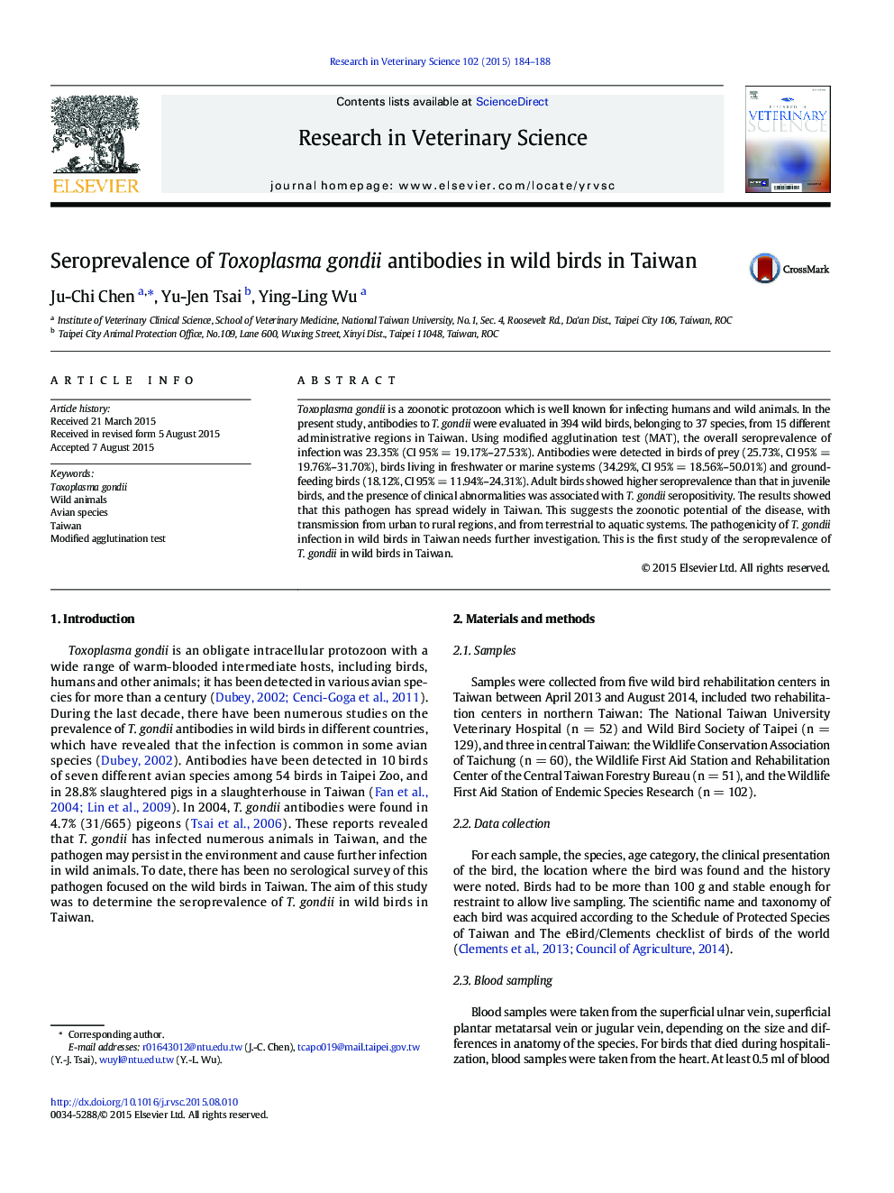 Seroprevalence of Toxoplasma gondii antibodies in wild birds in Taiwan