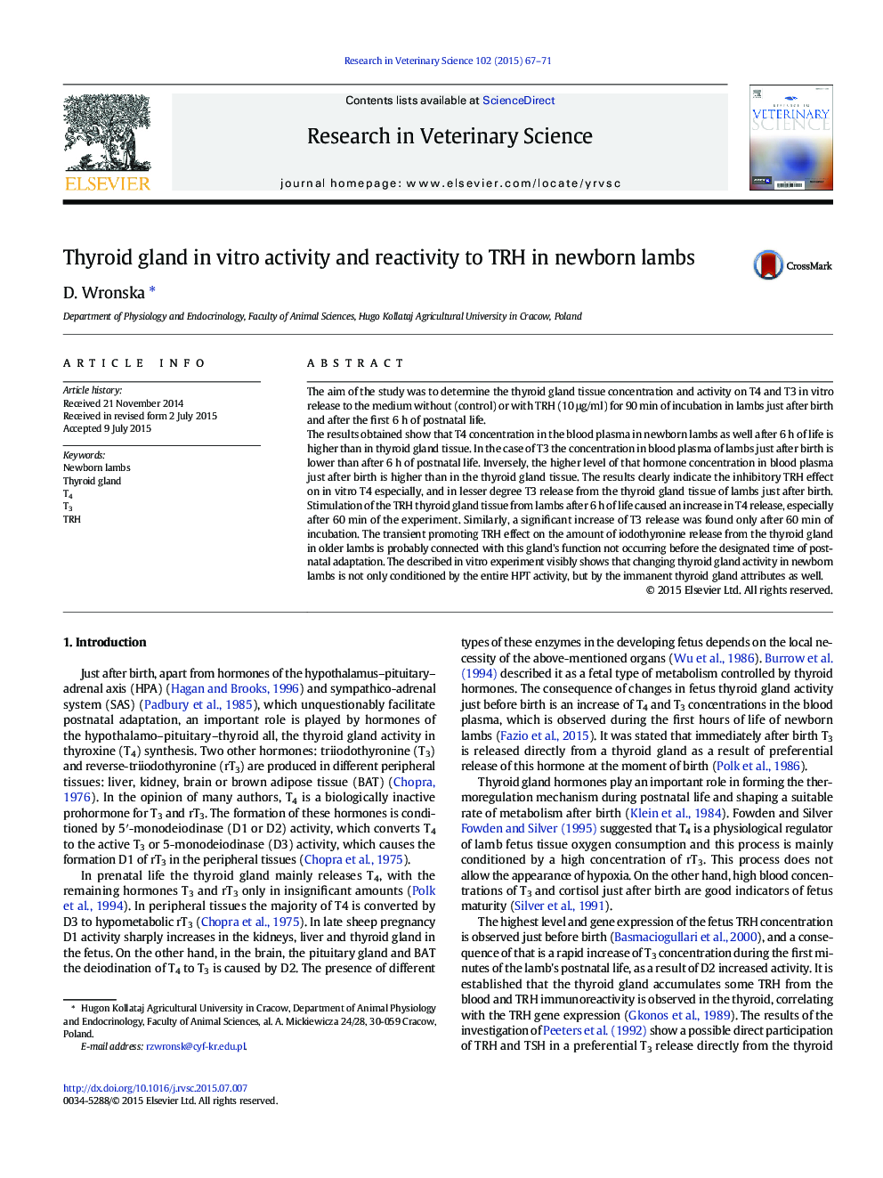 Thyroid gland in vitro activity and reactivity to TRH in newborn lambs