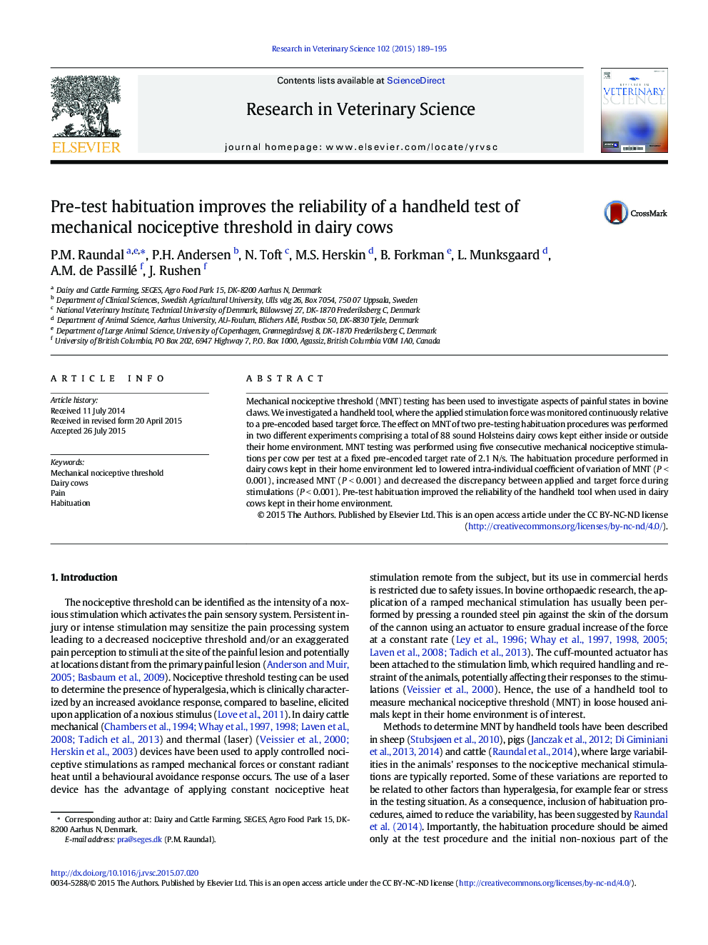 Pre-test habituation improves the reliability of a handheld test of mechanical nociceptive threshold in dairy cows