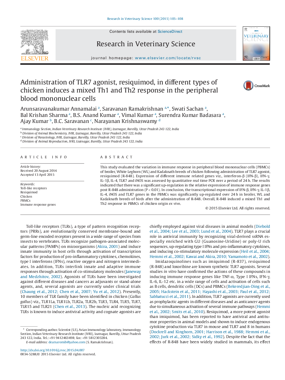 Administration of TLR7 agonist, resiquimod, in different types of chicken induces a mixed Th1 and Th2 response in the peripheral blood mononuclear cells