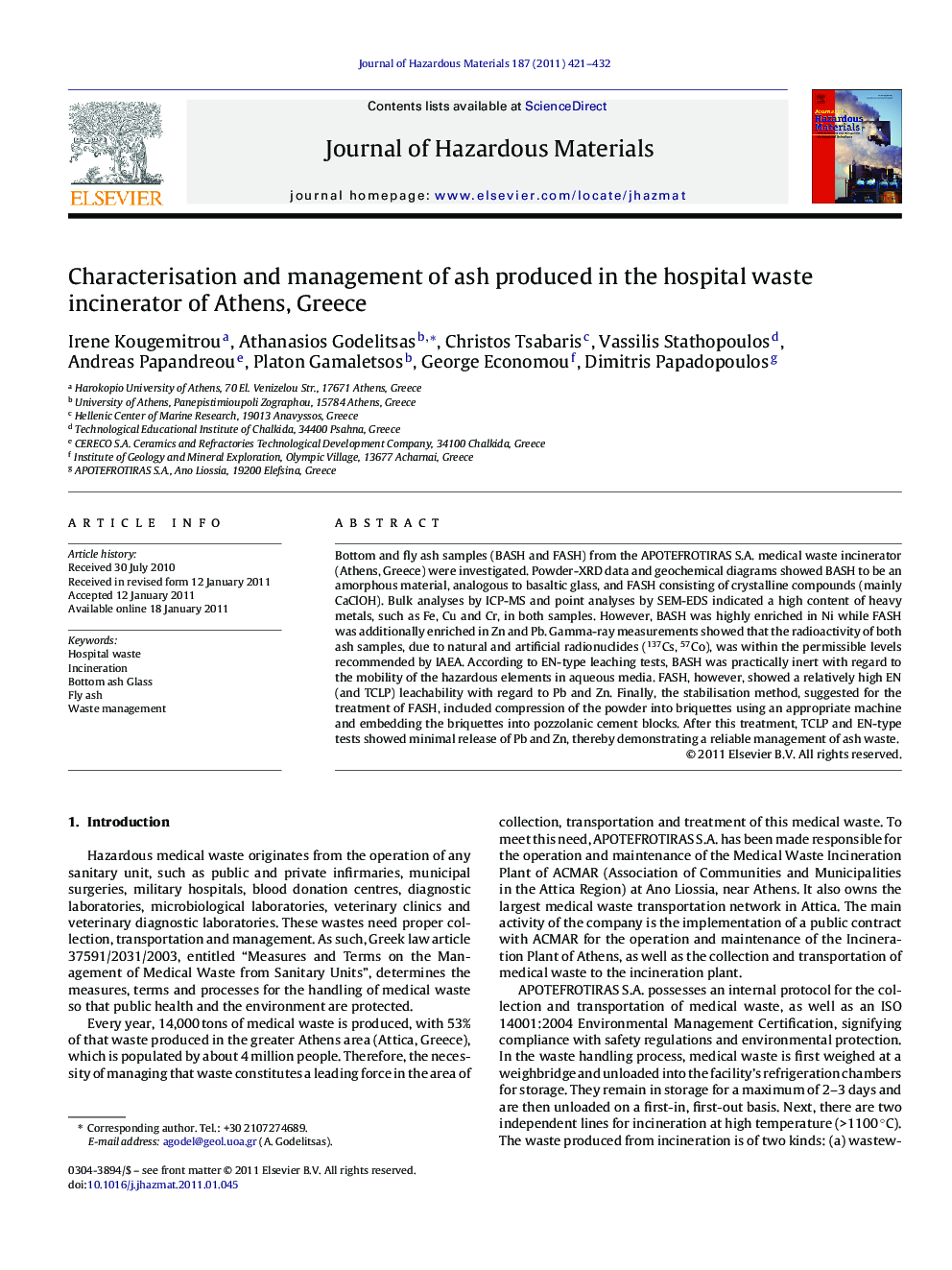 Characterisation and management of ash produced in the hospital waste incinerator of Athens, Greece