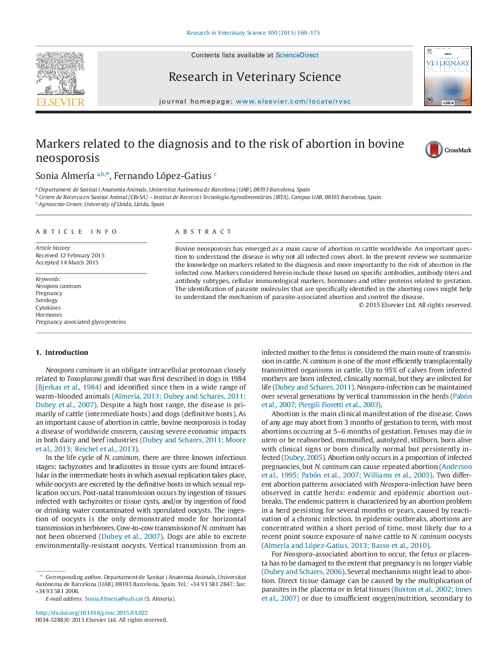 Markers related to the diagnosis and to the risk of abortion in bovine neosporosis