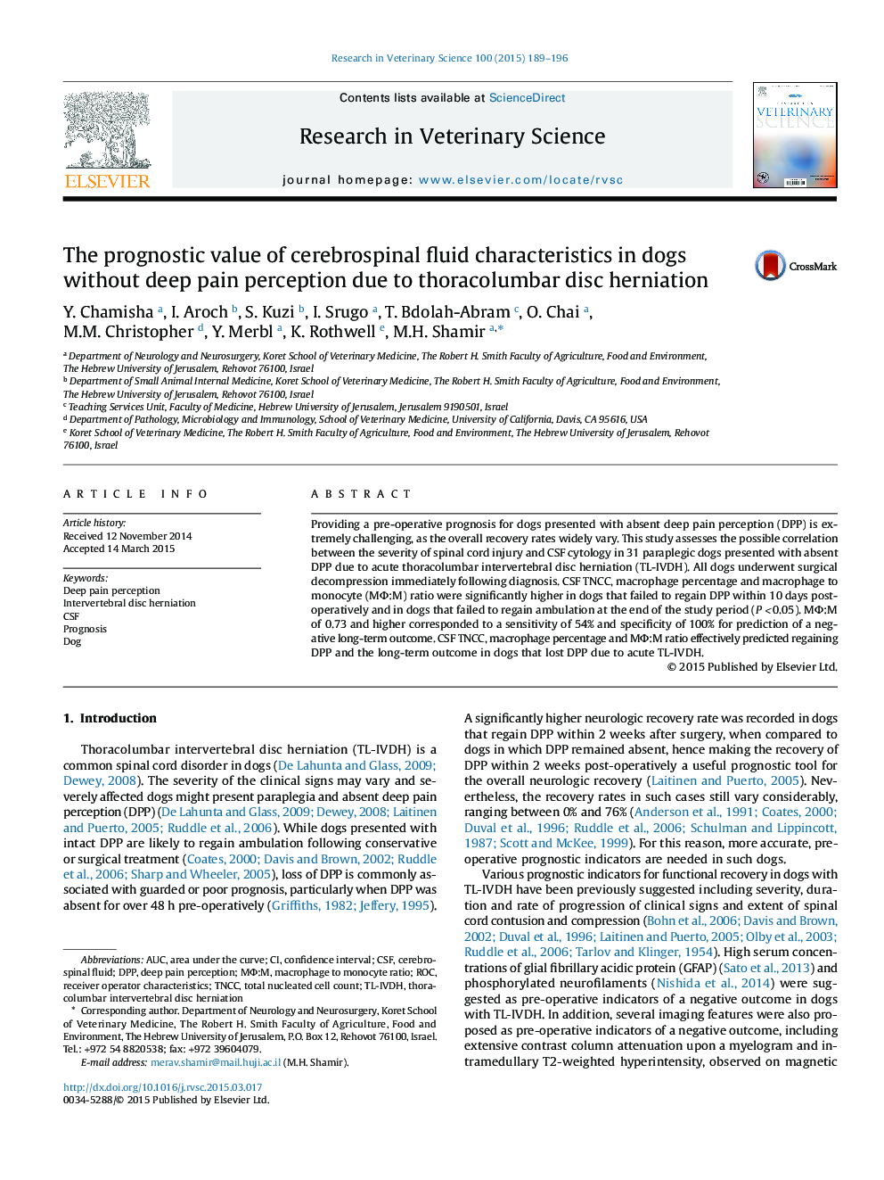 The prognostic value of cerebrospinal fluid characteristics in dogs without deep pain perception due to thoracolumbar disc herniation