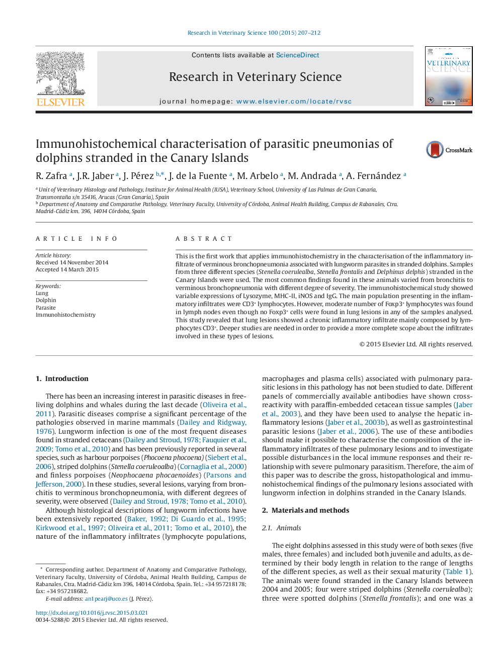 Immunohistochemical characterisation of parasitic pneumonias of dolphins stranded in the Canary Islands