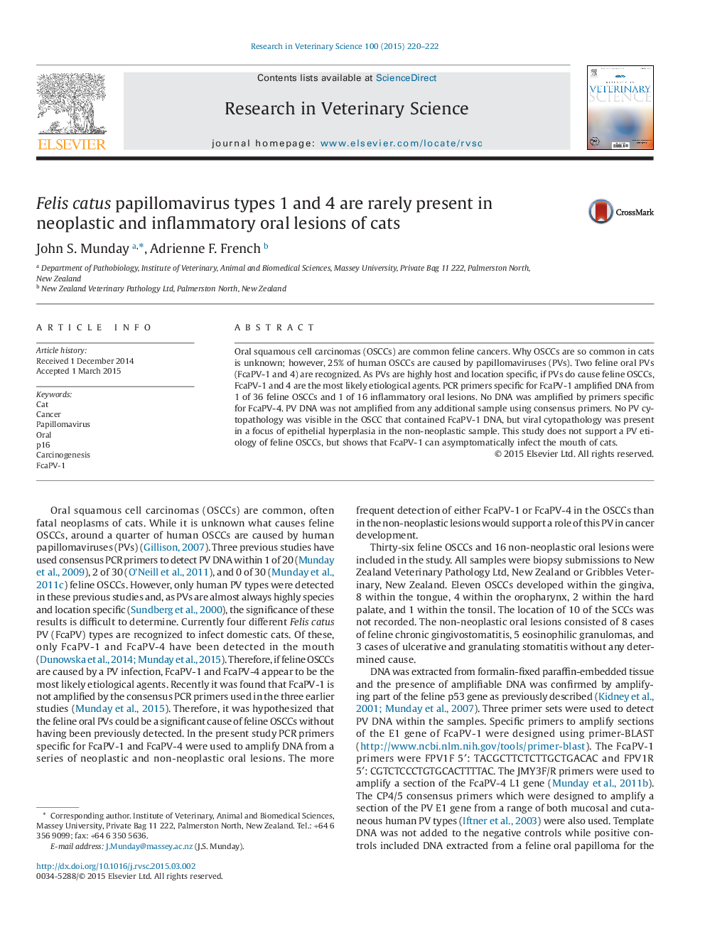 Felis catus papillomavirus types 1 and 4 are rarely present in neoplastic and inflammatory oral lesions of cats