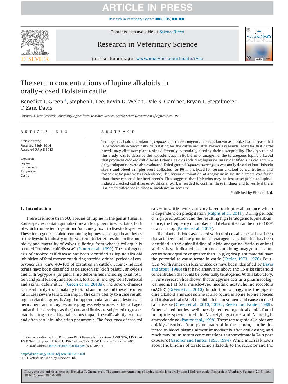 The serum concentrations of lupine alkaloids in orally-dosed Holstein cattle