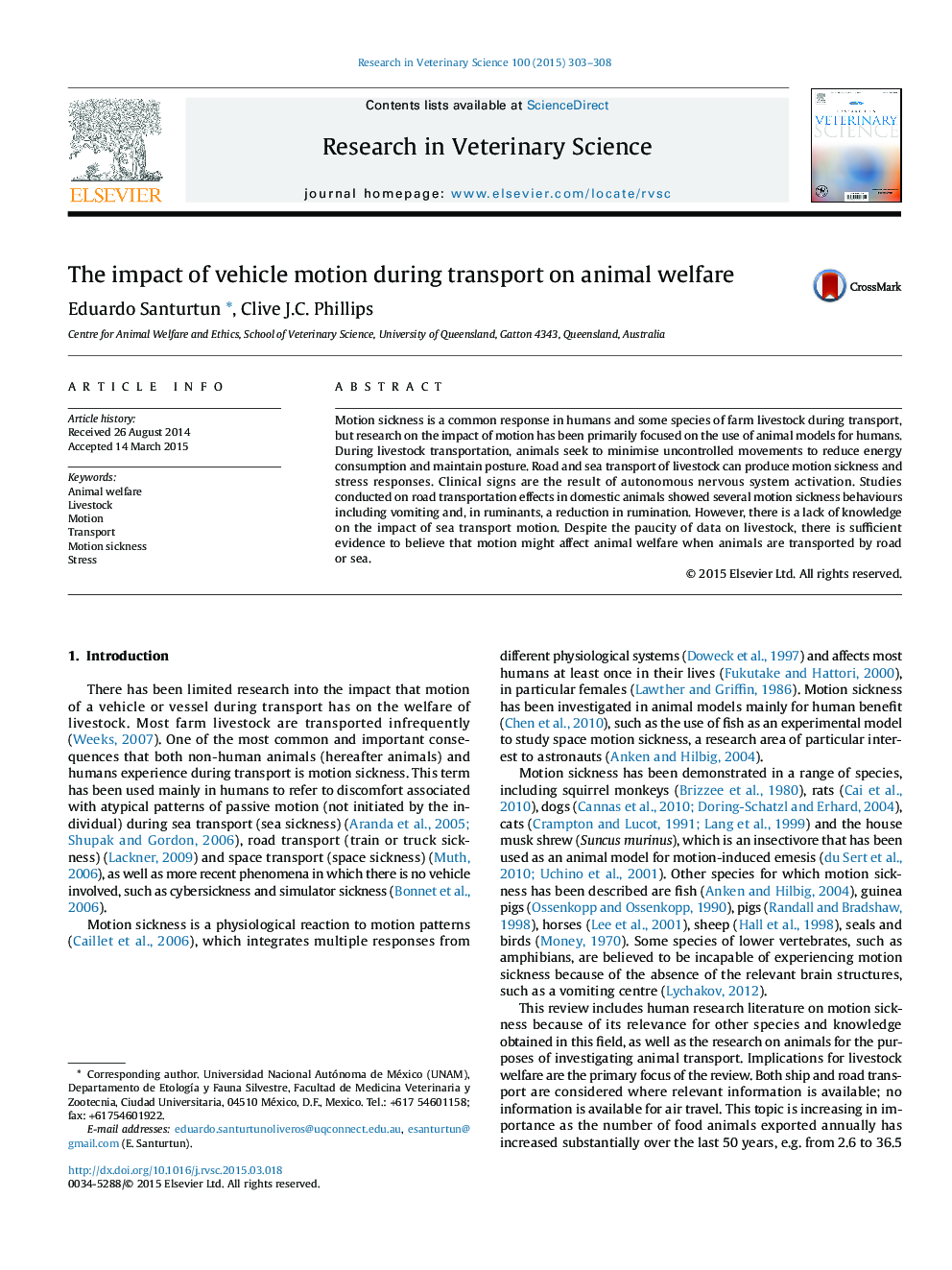 The impact of vehicle motion during transport on animal welfare