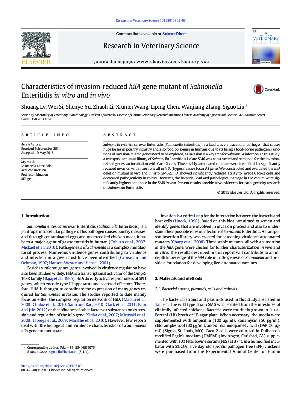 Characteristics of invasion-reduced hilA gene mutant of Salmonella Enteritidis in vitro and in vivo