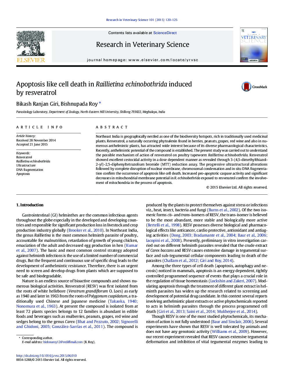 Apoptosis like cell death in Raillietina echinobothrida induced by resveratrol