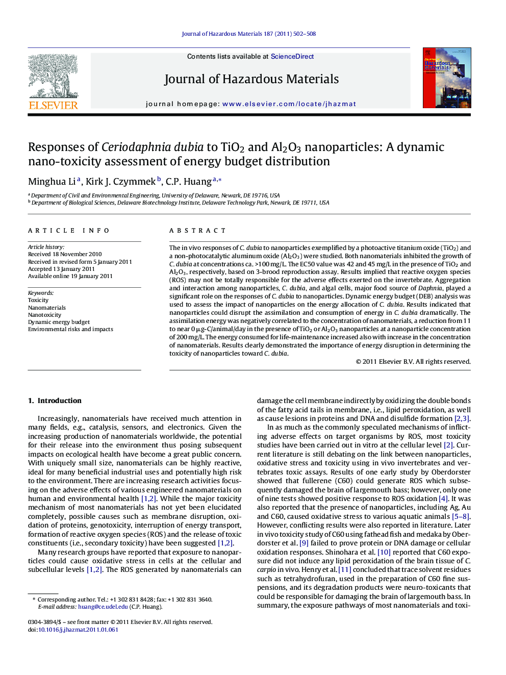 Responses of Ceriodaphnia dubia to TiO2 and Al2O3 nanoparticles: A dynamic nano-toxicity assessment of energy budget distribution