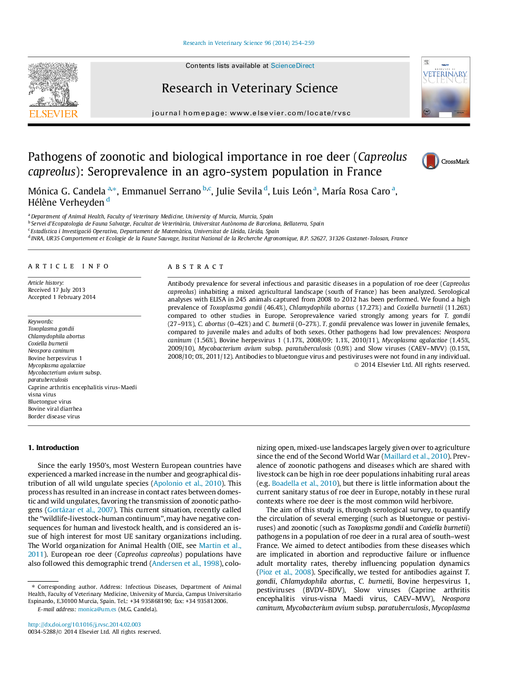 Pathogens of zoonotic and biological importance in roe deer (Capreolus capreolus): Seroprevalence in an agro-system population in France